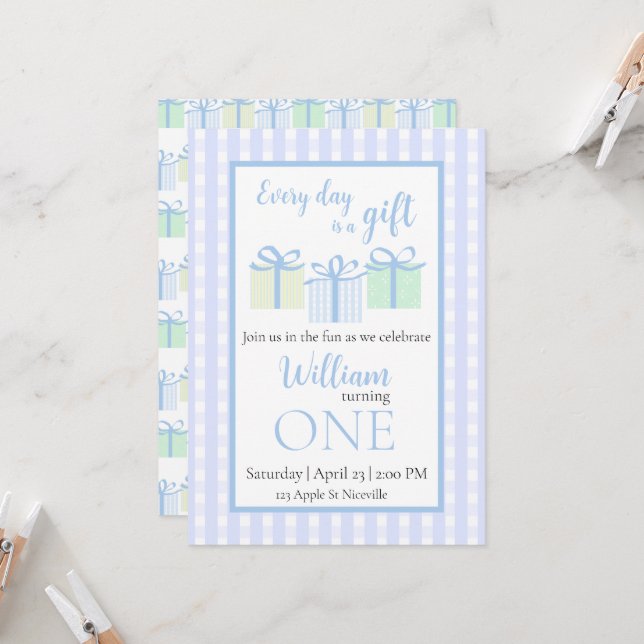 Every Day is a Gift Boy Birthday Invite (Front/Back In Situ)
