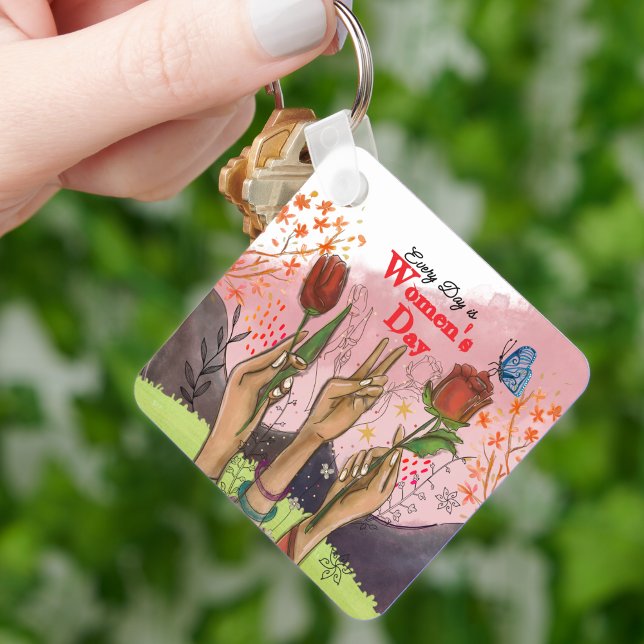 Every Day is Women's Day Hand-Painted Square Key Ring (Every Day is Women's Day Hand-Painted Square Keychain)