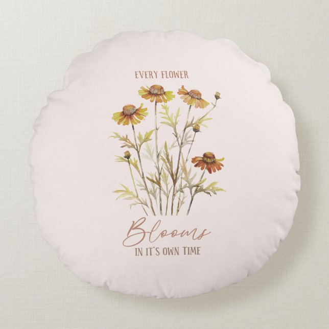 Every Flower Blooms in Its Own Time -Rustic Floral Round Cushion (Front)