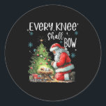 Every Knee Shall Bow Funny Kneeling Santa Baby Jes Classic Round Sticker<br><div class="desc">Every Knee Shall Bow Funny Kneeling Santa Baby Jesus</div>