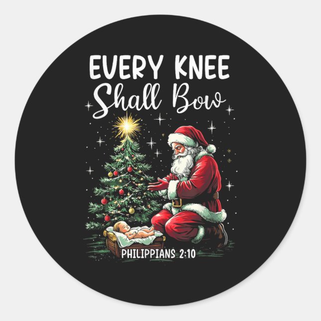 Every Knee Shall Bow Santa Christmas Nativity Scen Classic Round Sticker (Front)