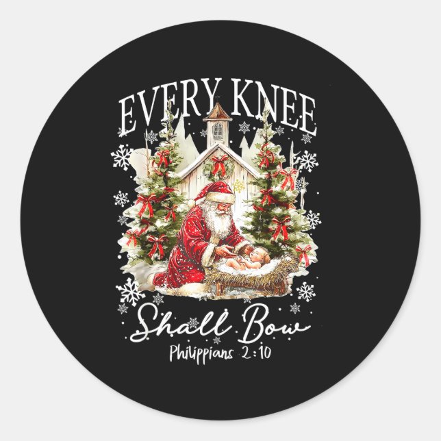 Every Knee Shall Bow Santa Christmas Nativity Scen Classic Round Sticker (Front)