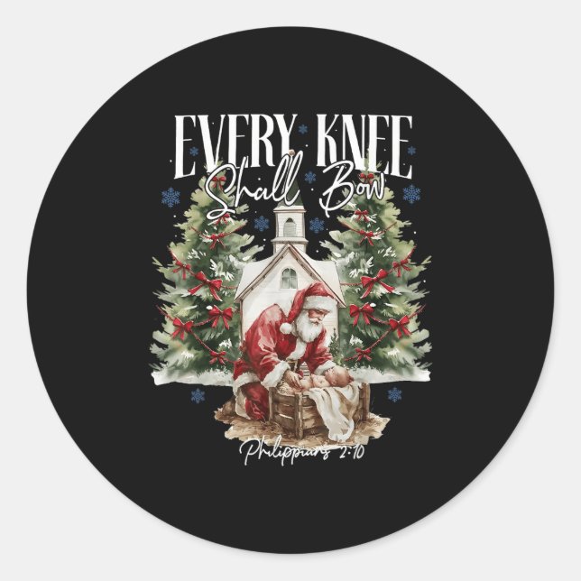 Every Knee Shall Bow Santa Christmas Nativity Scen Classic Round Sticker (Front)