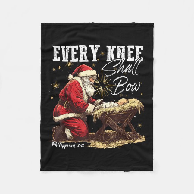 Every Knee Shall Bow Santa Christmas Nativity Scen Fleece Blanket (Front)