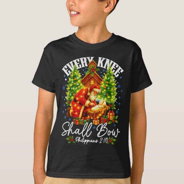 Every Knee Shall Bow Santa Christmas Nativity Scen T-Shirt (Front)