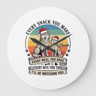Every Snack You Make Dog Santa Hat Retro Sunset_1 Large Clock