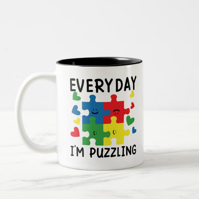 Everyday I'm Puzzling Funny Autism Awareness Two-Tone Coffee Mug (Left)