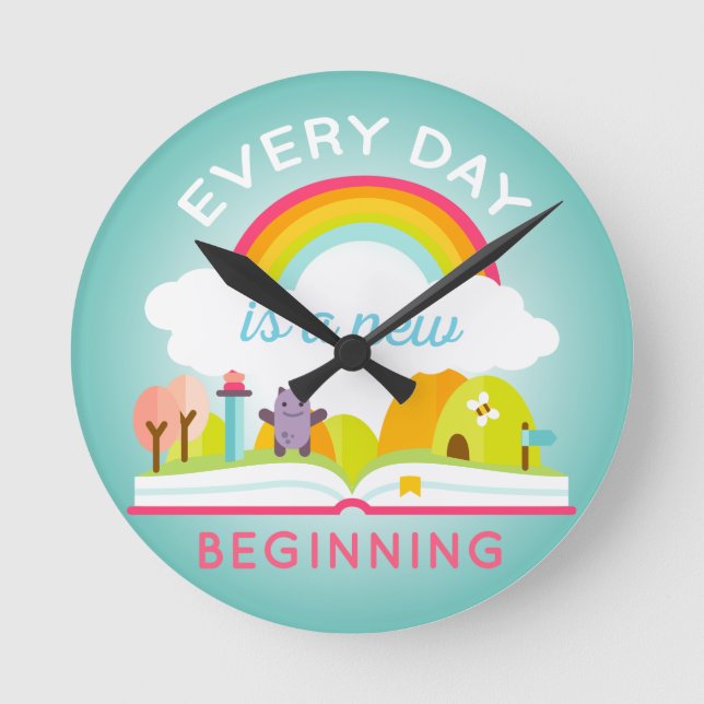 Everyday is a new beginning cute rainbow round clock (Front)