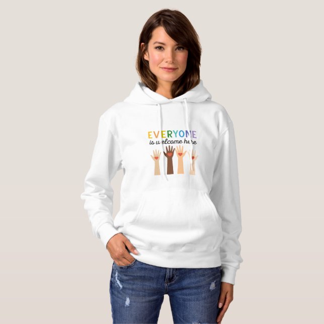 Everyone Is Welcome Here – Inclusive Rainbow Hoodie (Front Full)