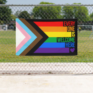 Everyone is Welcome Here (Progress Pride) Flag Banner