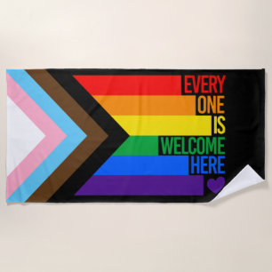 Everyone is Welcome Here (Progress Pride) Flag Beach Towel