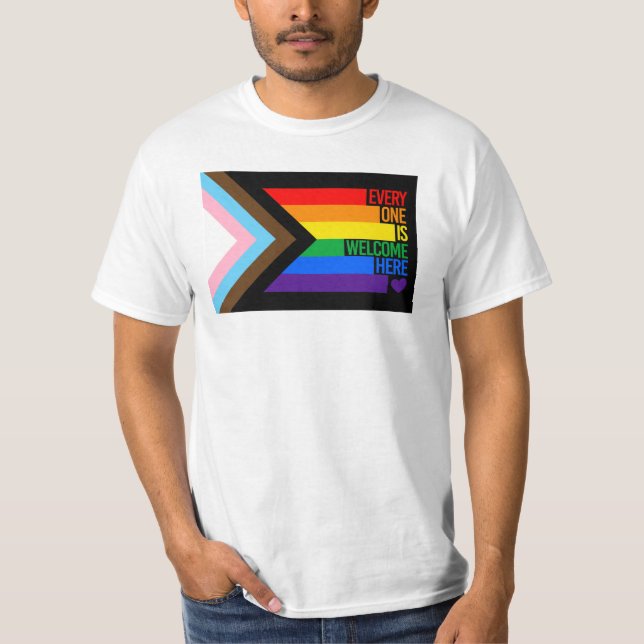 Everyone is Welcome Here (Progress Pride) Flag T-Shirt (Front)