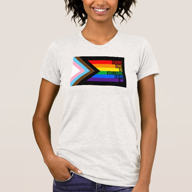 Everyone is Welcome Here (Progress Pride) Flag T-Shirt (Front)