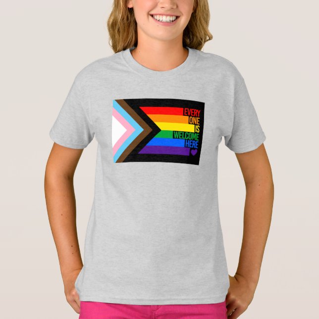 Everyone is Welcome Here (Progress Pride) Flag T-Shirt (Front)