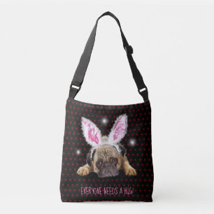 Everyone needs a hug brown Pug cross body tote bag