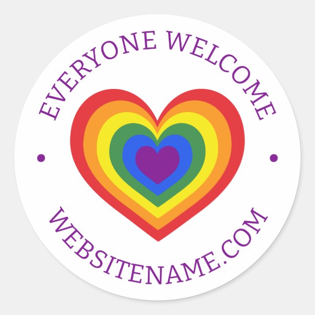 Everyone Welcome LGBTQ Rainbow Heart Website Classic Round Sticker (Front)