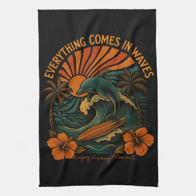 Everything Comes In Waves Retro Tea Towel (Vertical)