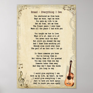 Everything I Own Song Lyric Vintage Wall Art Print