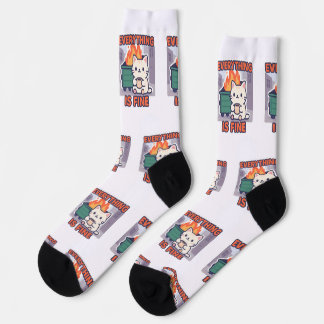 Everything is fine cat with coffee dumpster fire socks