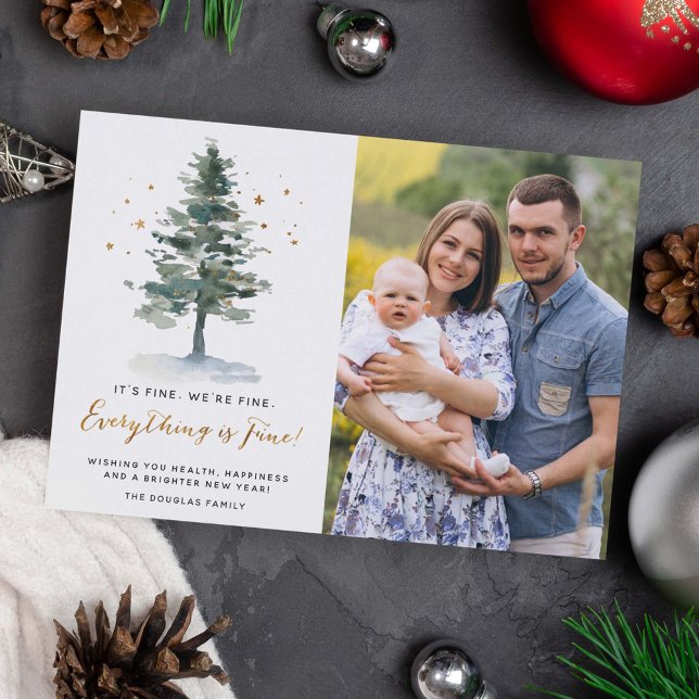 Everything is Fine Grateful Gold Script Photo Holiday Card (Creator Uploaded)