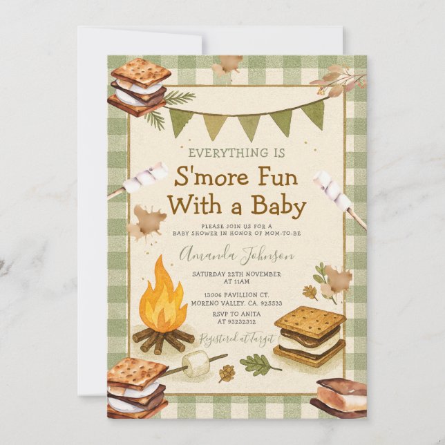 Everything S'more Fun Green Baby Shower Gingham Invitation (Front)