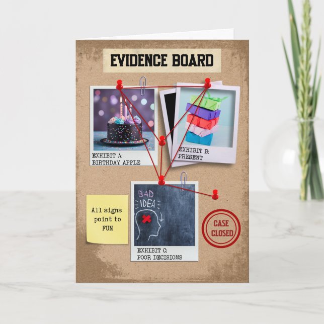 Evidence Board Funny Birthday Card – Cake, Present (Front)