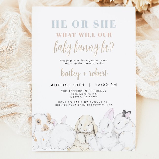 EVIE Cute Pastel Watercolor Bunny Gender Reveal Invitation (Creator Uploaded)
