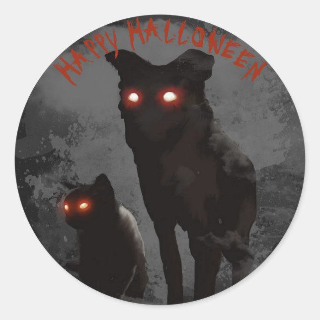 Evil Black Cat And Black Dog Eyes Halloween Party  Classic Round Sticker (Front)