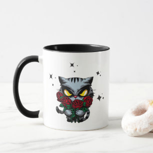 Evil Black Cat Holding Roses Cool Dark Stars Mug