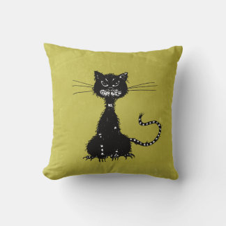 Evil Black Cat Olive Green  Cushion