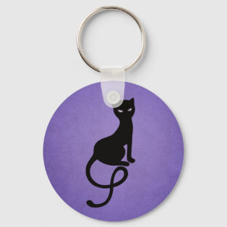 Evil Black Cat Silhouette In Purple Key Ring