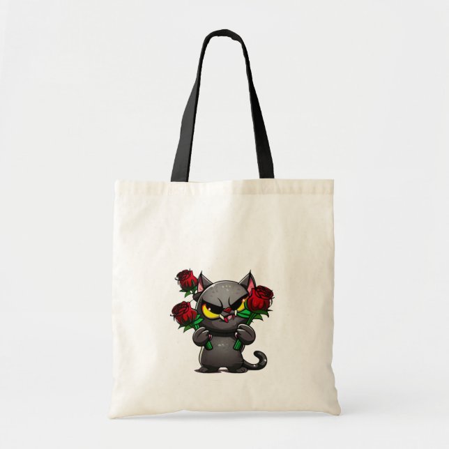 Evil Black Grey Cat Holding Red Roses Cool  Tote Bag (Front)
