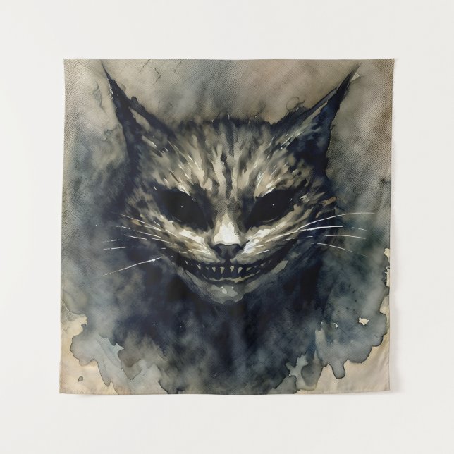 Evil Cat Smiling Watercolor Artwork Tapestry (Front)