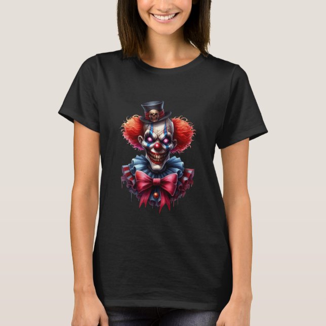 Evil Clown Grinning Red Bow Skull Eyes T-Shirt (Front)