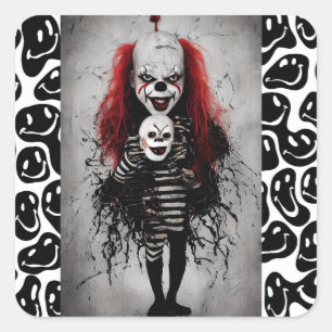 Evil Clown Kid Holding A Scary Clown Head Square Sticker