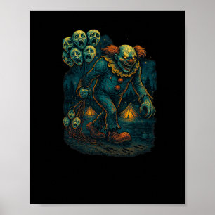 Evil Creepy Clown With Screaming Haunted Lloons Gr Poster