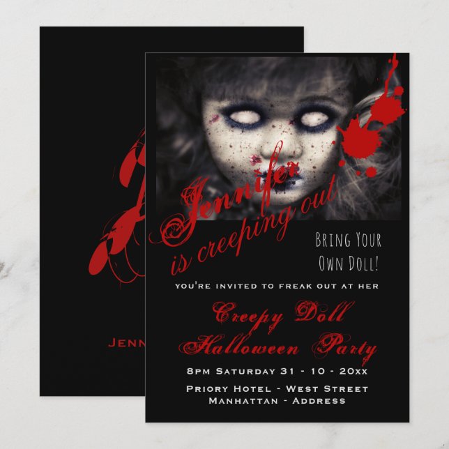 EVIL DOLL Halloween Invite Dead Creepy Scary (Front/Back)
