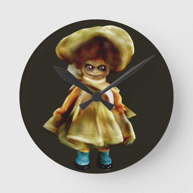 EVIL DORA  DOLL, haunted doll product scary art Round Clock (Front)