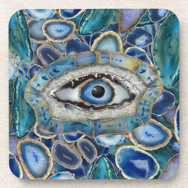 Evil Eye Amulet Blue Geodes and Crystals Coaster (Front)