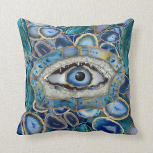 Evil Eye Amulet Blue Geodes and Crystals Cushion