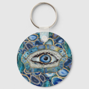 Evil Eye Amulet Blue Geodes and Crystals Key Ring