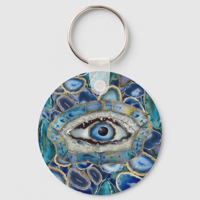 Evil Eye Amulet Blue Geodes and Crystals Key Ring (Front)