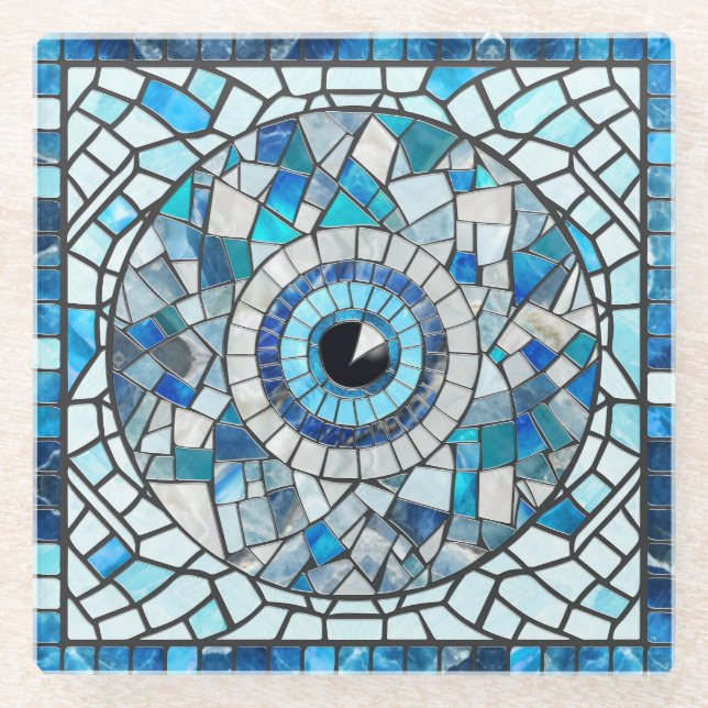 Evil Eye Amulet Mosaic Art Glass Coaster (Front)