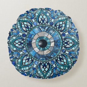 Evil Eye Amulet Mosaic Mandala Art Round Cushion