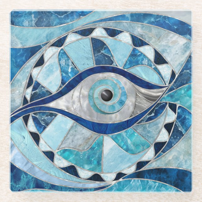 Evil Eye Amulet Mosaic Mineral Textures Glass Coaster (Front)
