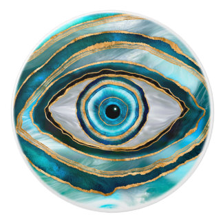 Evil Eye Amulet Watercolor marbles and gold Ceramic Knob