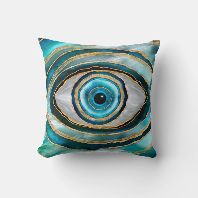 Evil Eye Amulet Watercolor marbles and gold Cushion (Front)