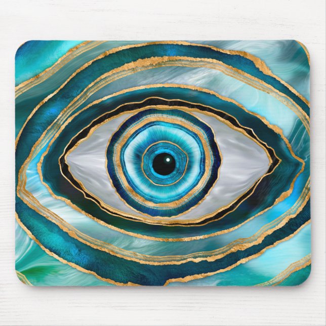 Evil Eye Amulet Watercolor marbles and gold Mouse Mat (Front)