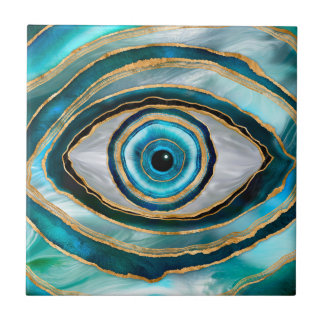 Evil Eye Amulet Watercolor marbles and gold Tile