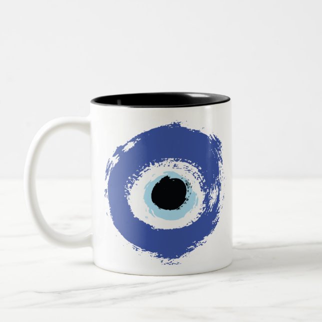 Evil Eye Artistic Blue Greek Two-Tone Coffee Mug (Left)